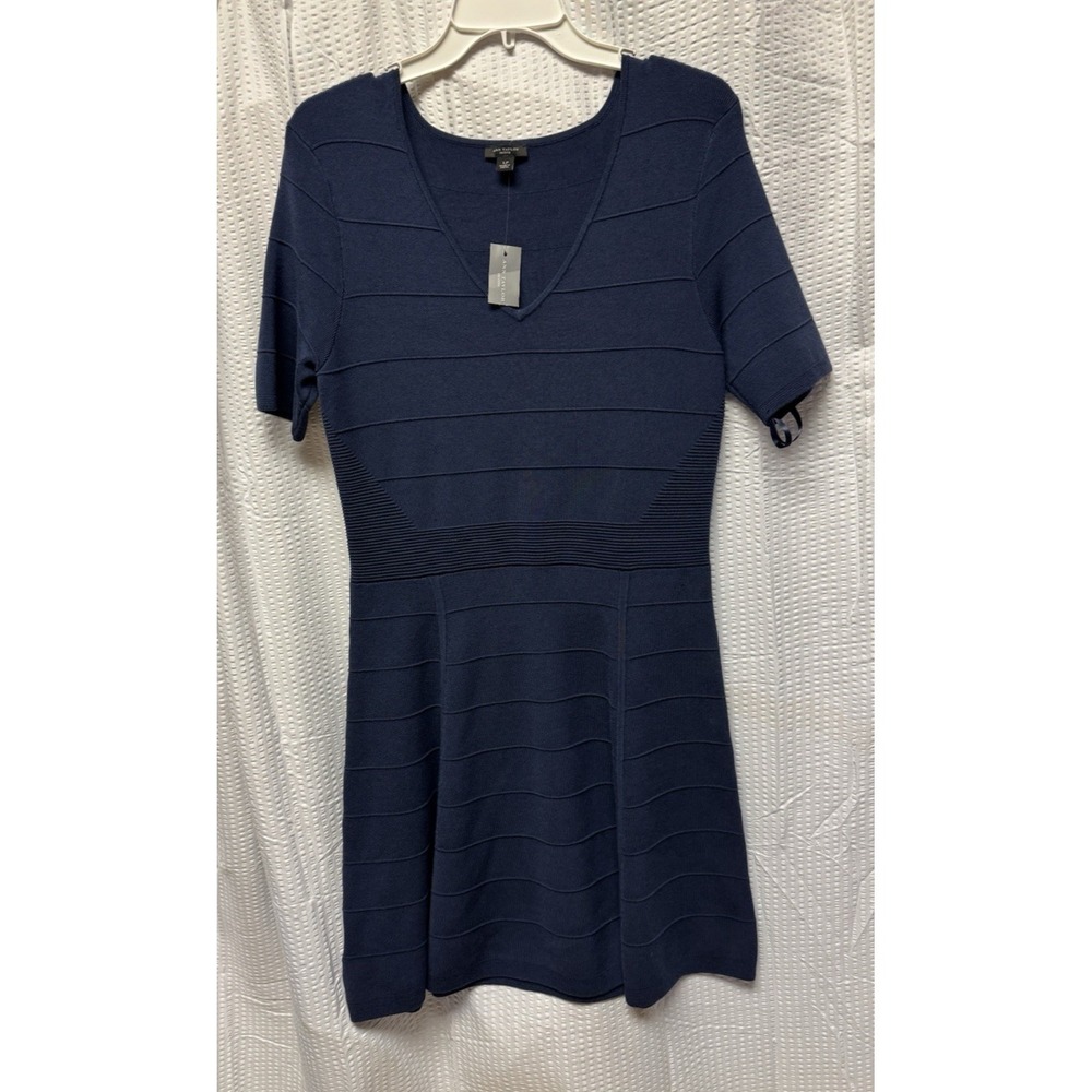 Ann Taylor Women's SZ LP Navy Double Knit Ribbed A-Line Flowy Dress ShortSlv NWT